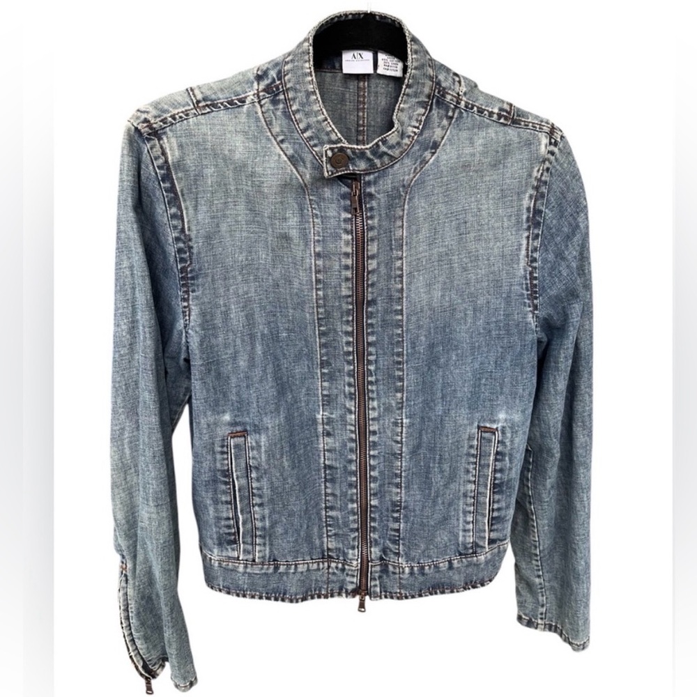 Armani Exchange Y2K Vintage Lightweight Cotton Linen Denim Moto Bomber Jacket S